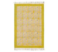 Tapis carré de 2,1 m en coton imprimé à la main Dhurrie jaune olive noir 0,5 cm d'épaisseur - Motif floral fait à la main - Pour intérieur et extérieur - Pour chambre d'enfant, balcon