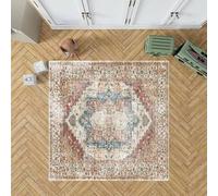 Tapis carré doux lavable en machine à poils courts antidérapant pour salon, entrée, chambre à coucher, style rétro ethnique, fleurs anciennes, rouge, 100 x 100 cm