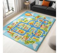 Tapis Carte Ville Aquarelle Dessin Animé, Tapis Antidérapant Poil Ras 60 x 90 cm, Moquette Lavable en Machine Bleu pour Salon Chambre Coucher Entrée D'intérieur Décoration
