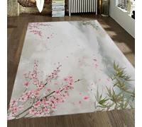 Tapis Cerisier pour Salon 60x90 Tapis antidérapant Lavable Rose Japonais Bambou pour Chambre Aquarelle Art Poil Bas décoration Douce