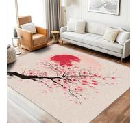 Tapis Cerisiers Fleur Lavable 150x150 - Motif Chinois Japonais Asiatique, Tapis Carré Salon Chambre Antidérapant Poil Court Doux, Decoration Chambre Descente de Lit, FD3604