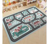 Tapis Chambre Enfant Bébé Fille et Garçon Ado Jeu Design Moderne Bleu Animaux Poil Court Doux Lisse Fin Léger Antidérapant Lavable Rectangle Tapis de Jeu Route Lion Girafe (Vert, 60x90cm)