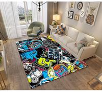 Tapis Chambre Gamer 3D Manette Ado Enfant Garcon, Tapis De Salon Antiderapant Graffiti Console De Jeu Décoration Tapis Poil Ras Flanelle Tout Doux Moderne Noir Bleu Vert Couleur (80x160 cm,colore)