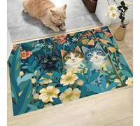 Tapis Chat Mignon Buissons De Fleurs, Paillasson Illustration Animale Turquoise Rectangulaire, Antidérapant Piège Visuel De Porte, Absorption Tapis Effet Optique Pour Salle Bain Chambre 90X150Cm