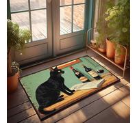Tapis chat noir avec bouteilles de vin et journal sur table en bois, paillasson, décoration de salle de jeux, tapis d'automne pour porte d'entrée (40 x 60 cm)
