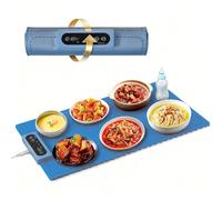 Tapis Chauffant Aliments Portable Enroulable, Chauffe Plat Électrique Silicone 3 Températures (60-100℃) & 3 Minutages, Chauffe Assiette pour Buffet Maison/Restaurant (38×60cm) (Bleu)