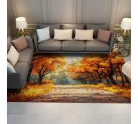 Tapis Chemin forêt Automne Feuilles dorées Lavable Tapis Poil Ras Flanelle Douce antidérapant carpette Salon Chambre déco intérieur 100x200cm