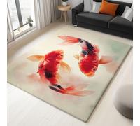 Tapis Chinois pour Salon 60 x 90 cm, Lavables avec Dos Antidérapant à Poils Courts, Tapis Chambre Tradition Poisson Carpe Koï Motif pour Cuisine Salle à Manger Bureau Rouge