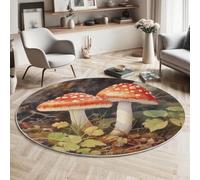 Tapis Circulaire Imprimé Amanite Tue-Mouches Aquarelle, Velours de Cristal Antidérapant Respirant Tapis Rond 100cm, Insonorisé Moquette Doux Lavable pour Salon, Marron-Vert