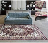 Tapis Classique très Fin pour Couloir, Chambre et Hall de Style Traditionnel et élégant Couleurs Rouge, Taupe, Vert, Or.