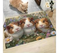 Tapis Cochon D'Inde Mignon Parterre Fleurs, Paillasson Animal Animé Vert Olive Rectangulaire, Antidérapant Piège Visuel De Porte, Absorption Tapis Effet Optique Pour Salle Bain Chambre 90X150Cm