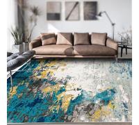 Tapis coloré bleu sarcelle, jaune, noir, gris, blanc, moderne, aquarelle, 155 x 215 cm, tapis décoratif pour salon, chambre à coucher, salle à manger, chambre d'adolescent, tapis qui ne perd pas ses