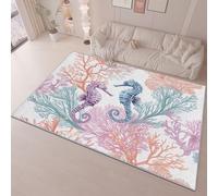 Tapis Coloré Pas Facile à Décolorer, Chambre Décoration Tapis Lavable Antidérapant pour Ados 80 x 150 cm, Aquarelle Corail Hippocampe Flanelle Ultra Doux Tapis de Sol Bureau Hôtel