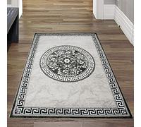 Tapis Contemporain Oriental Design Avec Motif de Frontière et Cercle - Crème Gris Anthracite - 80x150 cm