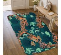 Tapis corail, poissons marins, algues, bleu sarcelle, antidérapant, ne perd pas ses poils, entrée, salle de bain, buanderie, 0,9 x 1,5 m