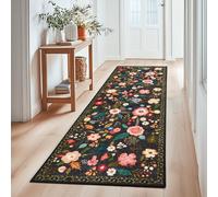 Tapis Couloir Lavable en Machine, Tapis de Passage à Poils Courts, Motif Floral Vintage, à Poils Courts, Idéal pour Cuisine, Salon, Chambre, Bureau ou Chambre d'enfant, Noir Vieilli, 80x150cm
