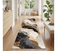 Tapis Couloir Moderne Marbre 50x180 cm, Tapis Cuisine Antidérapant Noir et Blanc Gris Doré Abstrait Luxe, Poil Ras Lavable Rug pour Passage, Salon, Chambre, Cuisine Devant Evier, Entrée Interieur