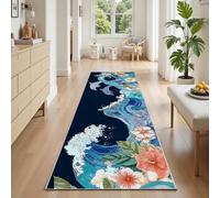 Tapis Couloir Océan Vague Dauphin 80x200 cm, Tapis de Passage Cuisine Animaux Marins Fleur Thème Océan Poil Ras Antidérapant Lavable Doux Rug Carpet pour Salon, Chambre, Entrée, Buanderie