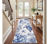 Tapis Couloir Tortue Corail Marin 50x180 cm, Tapis Cuisine Antidérapant Bord de Mer Côtier Océan Plage Nautique, Poil Ras Lavable Rug pour Passage, Salon, Chambre, Cuisine, Entrée Interieur