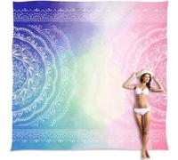 Tapis/Couverture De Plage Avec Poches Sur Les Côtés Et Sac En Maille-Ne Retient Pas Le Sable-Pour Fête À La Plage,Voyage,Camping,Festival,Extérieur-Mandala Bleu Et Rose (305 X 274 Cm)