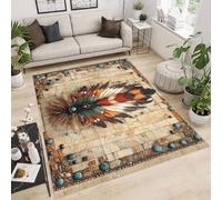 Tapis Cuisine 60x90 cm Imitation Cachemire Lavable Motif Plumes Pierres Totems 3D Antidérapant Nettoyage Facile à la Machine ou à la Main Idéal pour Entrée Studio Côté Lit ou Décoration Murale