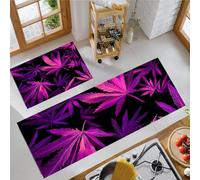 Tapis Cuisine Antidérapant Effets Dynamiques, 43x75cm+43x150cm Tapisvant Evier Feuilles De Chanvre Violettes, Anti-salissures, Lavable Machine pour Cuisine, Buanderie, Entrée, Couloir, Violet Néon
