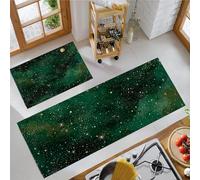 Tapis Cuisine Antiderapant Résistant Taches Vert Émeraude, 2 Pièces Imprimés Pleine Lune Ciel Étoilé, Tapis De Cuisine Anti-Fatigue Lavable Galaxie Fantastique Pour Couloir Couloir Salle Manger