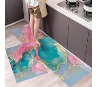 Tapis Cuisine Devant Evier, Marbre Whirlpool Tapis de Cuisine Antidérapant et Lavable, Style Bohème Tapis de Couloir pour Manger, Buanderie, Chambre, Passage - 43x75cm+43x150cm 2 pièces, Bleu Poudre