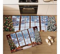 Tapis Cuisine Devant Evier Scène D'Hiver Enneigée Dans La Forêt, 45x75cm+45x150cm | Tapis de Cuisine Vue Depuis La Fenêtre Sur Le Sapin Noël, Antidérapant, Résistant Tache, Facile à Nettoyer, Bleu
