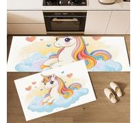 Tapis Cuisine Devant Evier Style Conte De Fées Onirique, 40x60cm+40x120cm | Absorbant Huile et Eau, Tapis de Cuisine Amour Du Cheval Blanc, Antidérapant, Résistant Tache, Facile à Nettoyer, Blanc