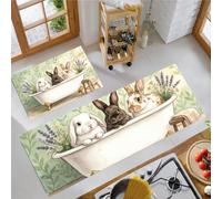 Tapis Cuisine Devant Evier Style Pastoral À L'Aquarelle, 43x75cm+43x150cm | Absorbant Huile et Eau, Tapis de Cuisine Baignoire Pour Lapin, Antidérapant, Résistant Tache, Facile à Nettoyer, Vert
