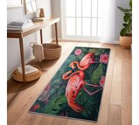Tapis Cuisine Devant evier, Vert foncé Couloir Antiderapant - Tropical Jungle Animal Flamant Rose Machine Doux, 60 x 120 cm Tapis Couloir pour Salon Chambre Les Chambres Jeunes Adulte