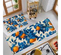 Tapis Cuisine Illustrations de plantes Antidérapant Tapis Devant Evier Oranges accrochées à la branche de l'arbre Bleu marine Tapi Ensemble Universel pour décoration de Maison, Bureau 45x75+45x150cm