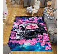 Tapis Cuisine Tapis Salon Tapis Enfant Paillasson Tapis De Salon Imprimé Tête De Mort À Fleurs Roses, Tapis De Jeu Antidérapant En Flanelle Douce Pour Chambre D'enfants, Tapis De Salle De Bain Pour Co