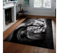 Tapis d’Art Noir et Blanc 120 x 160 cm Couple Lions faunistes Motif Couchage Moquette Tapis antidérapant à Poil Bas Salon Décoration du Bureau