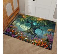 Tapis D’Entrée Intérieur Mer Fleurs Arbres Anciens, 60 x 120 cm Paillasson D'Entrée De Bienvenue Forêt Magique Contes Fées Paillasson Ultra-Fin Tapis Cuisine Devant Evier pour Entrée, Couloir, Vert