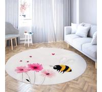 Tapis d’entrée rond lavable en machine avec support antidérapant pour l’entrée Cuisine Salle de bain Buanderie Mignon bourdon et fleur rose Imprimé à nettoyer Tapis de sol à poils ras Blanc 180cm
