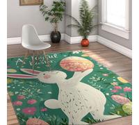 Tapis d’Espace 120x180cm Rugs Lavable pour Le Salon Motif Fleur printanière en Forme d’œuf de Lapin Blanc de Pâques Rugs à Poils Bas pour Chambre Tapis de Sol de Salle à Manger