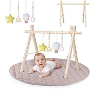LIONELO Anis Ensemble d'éveil avec arche de jeu pliable en bois et jouets détachables, grand tapis d'éveil en coton de 100 cm, doux et antidérapant (2 cm d'épaisseur), tapis d'éveil