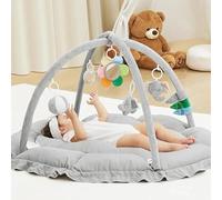 Tapis d’éveil Bébé Rembourré et Réversible - 120x90x73 cm - Tapis de Jeu bébé Matelassé Confortable avec Jouets Sensoriels Inclus (Grise)