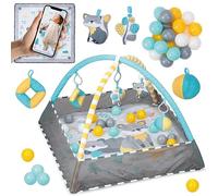 Tapis d’éveil MoMi LAMMIS pour enfants dès la naissance, kit 4 en 1: tapis photo avec bordure, piscine avec 18 balles, 5 jouets, largeur 79 x longueur 79 x hauteur 87 cm, poids 0,6 kg