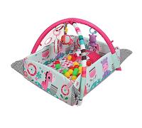 Tapis d’éveil multifonction 5 en 1 rose en tissu respirant pour bébé dès 3 mois, avec 30 boules océaniques, arche musicale lion, oreiller confortable, structure stable multi-usages