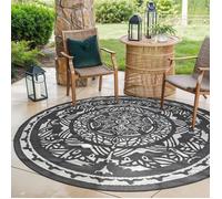 Tapis d’extérieur rond Ø 240 cm gris et blanc en polypropylène, idéal pour balcon, terrasse, camping, jardin