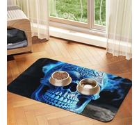 Tapis d'alimentation absorbant en cuir synthétique avec motif tête de mort bleu 3D pour chien et chat, protège les sols, dos en caoutchouc antidérapant, tapis de gamelle pour chien, facile à nettoyer
