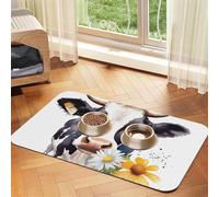 Tapis d'alimentation absorbant en cuir synthétique avec motif vache et marguerite - Protège les sols - Envers en caoutchouc antidérapant - Facile à nettoyer - 40 x 60 cm