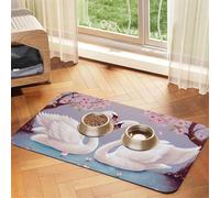 Tapis d'alimentation absorbant en cuir synthétique imperméable à séchage rapide pour animal domestique Motif cygnes blancs avec arbre floral 40 x 60 cm