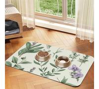 Tapis d'alimentation absorbant en cuir synthétique pour chien et chat avec fleurs vertes, feuilles de sauge, feuilles et branches - Tapis de nourriture pour chien et chat - Protège les sols
