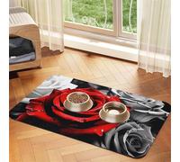 Tapis d'alimentation absorbant en cuir synthétique pour chien et chat - Motif roses noires blanches et rouges - Protège les sols - Dos en caoutchouc antidérapant - Facile à nettoyer - 30 x 45 cm