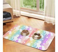 Tapis d'alimentation antidérapant avec dessus en polyuréthane absorbant l'eau et base en caoutchouc - Motif licornes sur rayures colorées - 30 x 45 cm