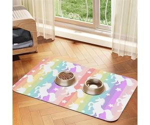 Tapis d'alimentation antidérapant avec dessus en polyuréthane absorbant l'eau et base en caoutchouc - Motif licornes sur rayures colorées - 30 x 45 cm